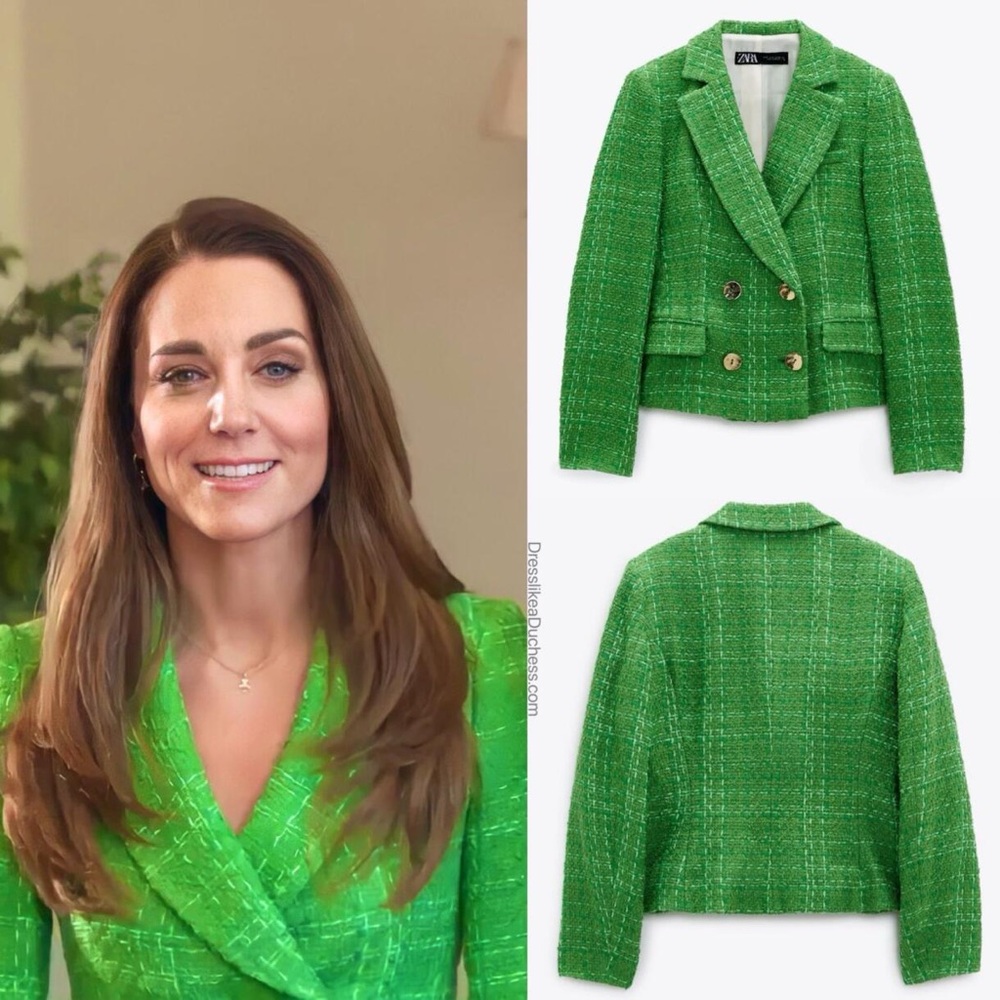 New Zara tweed textured jacket blazer green as seen on Princess Kate